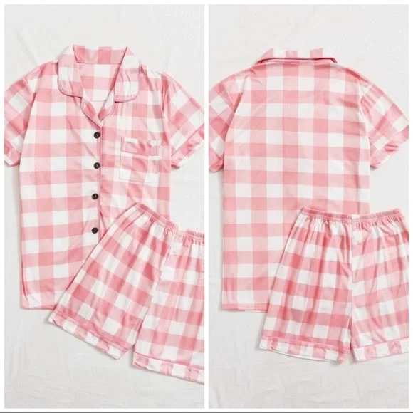 New White & Red Plaid Shorts Pajama Set - Picture 2 of 5